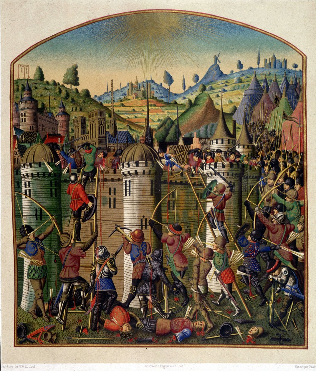 Ataque do castelo de Philippe Auguste com vista para Paris e para a forca de Montfaucon durante a guerra dos 100 anos, em meados do século XV. de Unknown artist