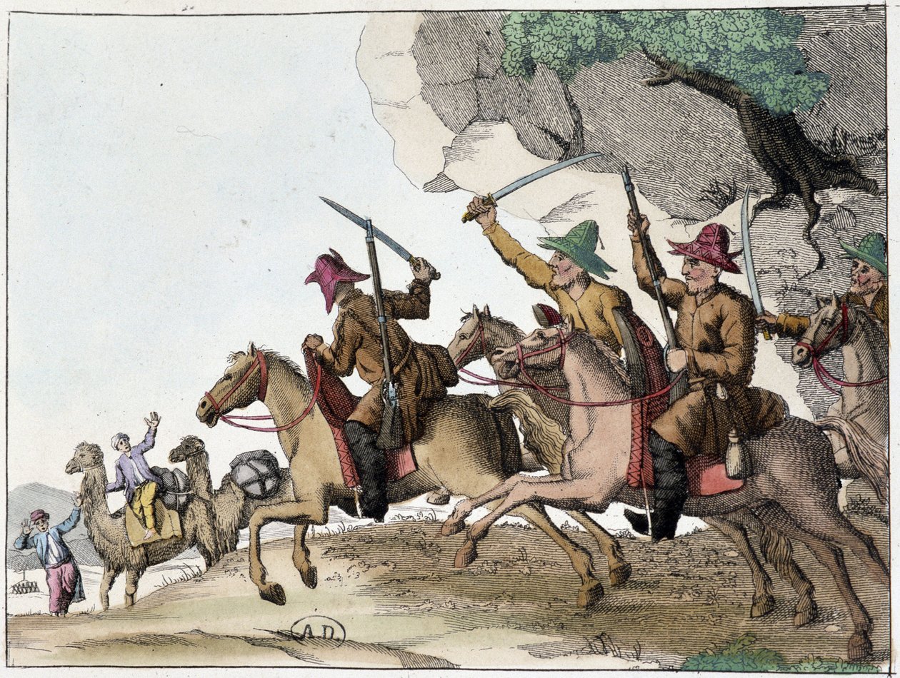 Ataque de caravana de camelos por um grupo de quirguizes (povo turco da Ásia Central de origem mongol) a cavalo, Deb. Século XIX de Unknown artist