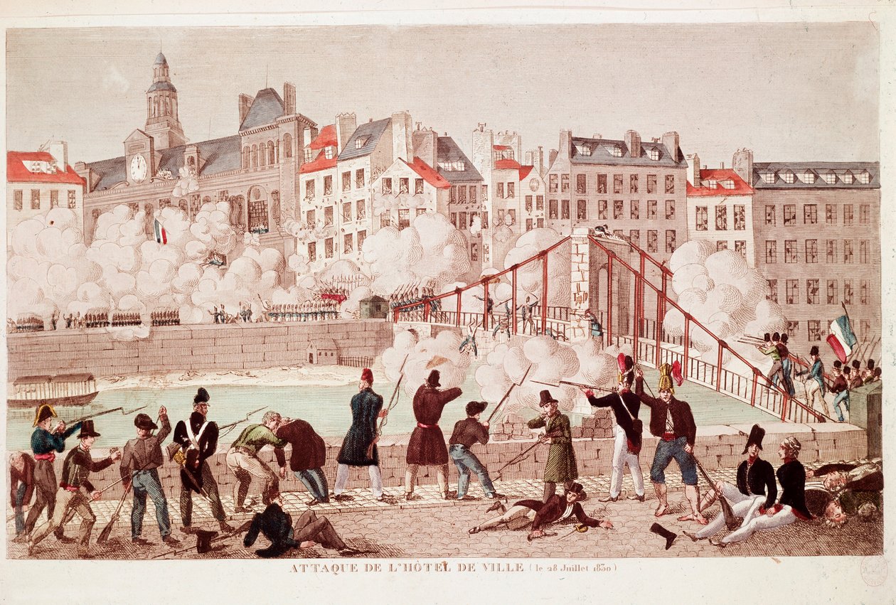 Ataque da Câmara Municipal de Paris e a batalha da ponte de Arcola, 28 de Julho de 1830 (Gravura) de Unknown artist