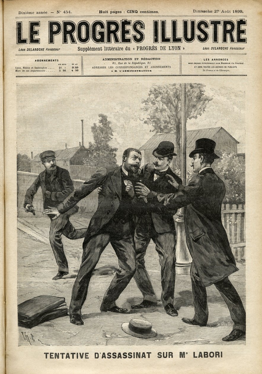 Ataque ao Sr. Fernand Labori (1860-1917), advogado de defesa de Alfred Dreyfus (1859-1935), atingido com uma bala nas costas em Rennes quando estava a caminho do local onde o caso foi julgado. Capa de "The Progres Illustré", de agosto de 1899 (gravada de Unknown artist
