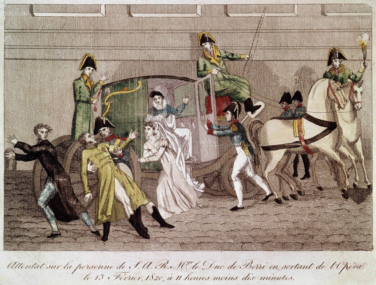 Ataque ao Duque de Berry por Louis Pierre Louvel ao deixar a Ópera em 13 de fevereiro de 1820. Gravura do século XIX. de Unknown artist