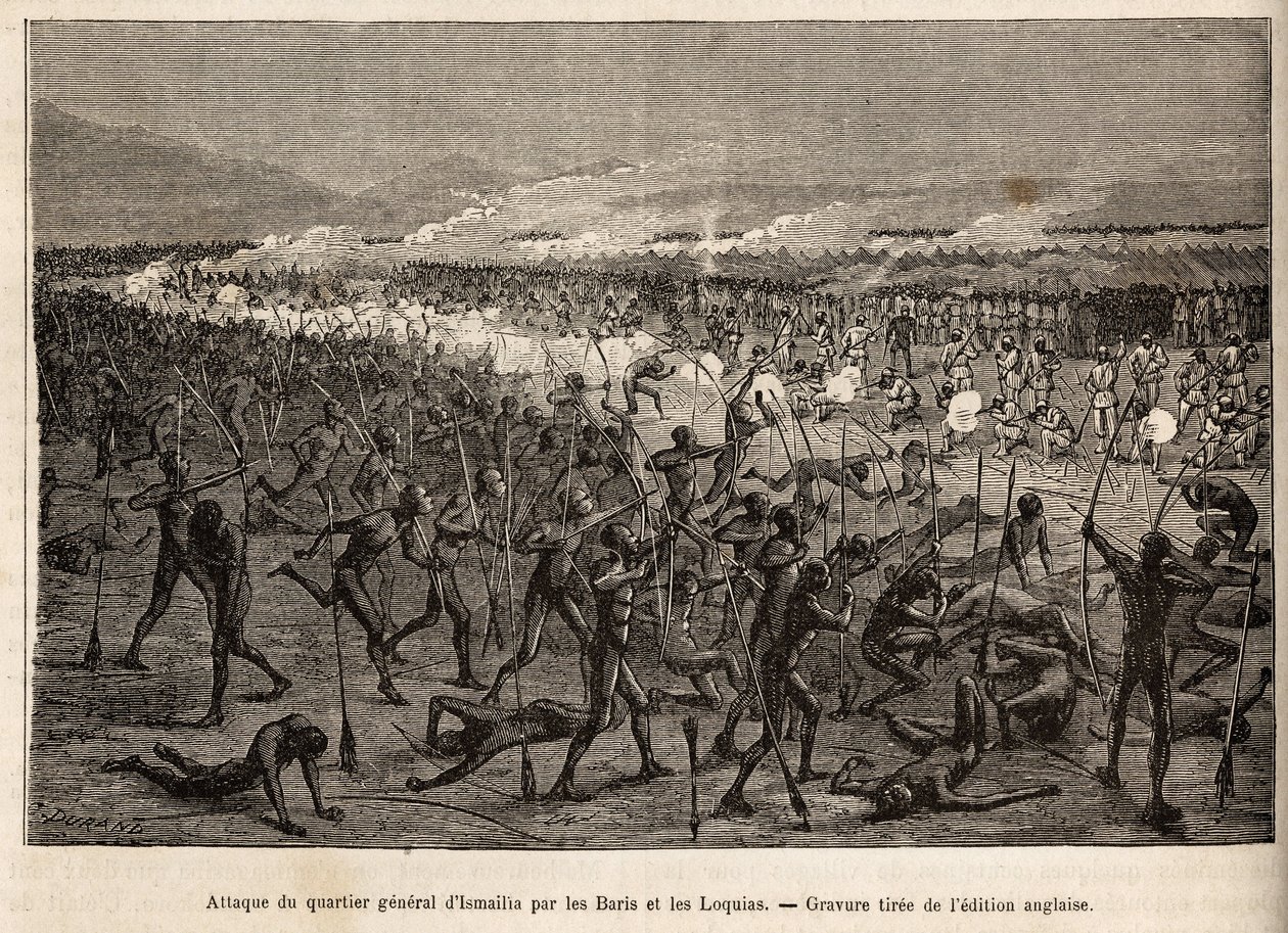 Ataque à sede de Ismailia (Egipto), por uma coligação de baris e loquias armas de arco e flecha, a expedição de Sir Baker retalia com espingardas e repele os atacantes, gravando uma imagem de uma expedição armada na África Central, para o de Unknown artist