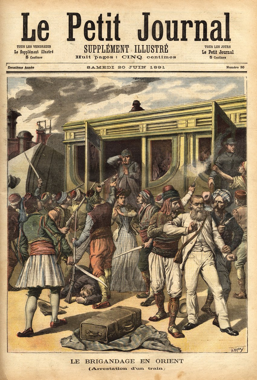 Atacando um comboio por assaltantes nas proximidades de Cherkessklui, após organizar o descarrilamento do comboio, Athanos e os seus assaltantes capturam os passageiros para os trocar por um rancor. Gravação no "Le petit journal" 20/06/1891. A colecção da  de Unknown artist