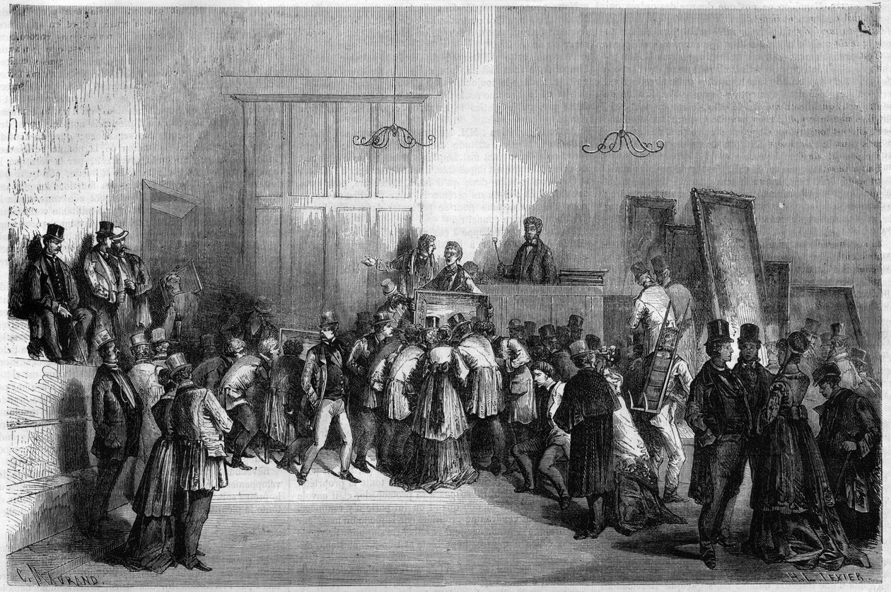 Sala de leilões em Paris: Venda de quadros no hotel dos leiloeiros (leiloeiros ou leiloeiros). Gravura em "O Universo Ilustre". de Unknown artist
