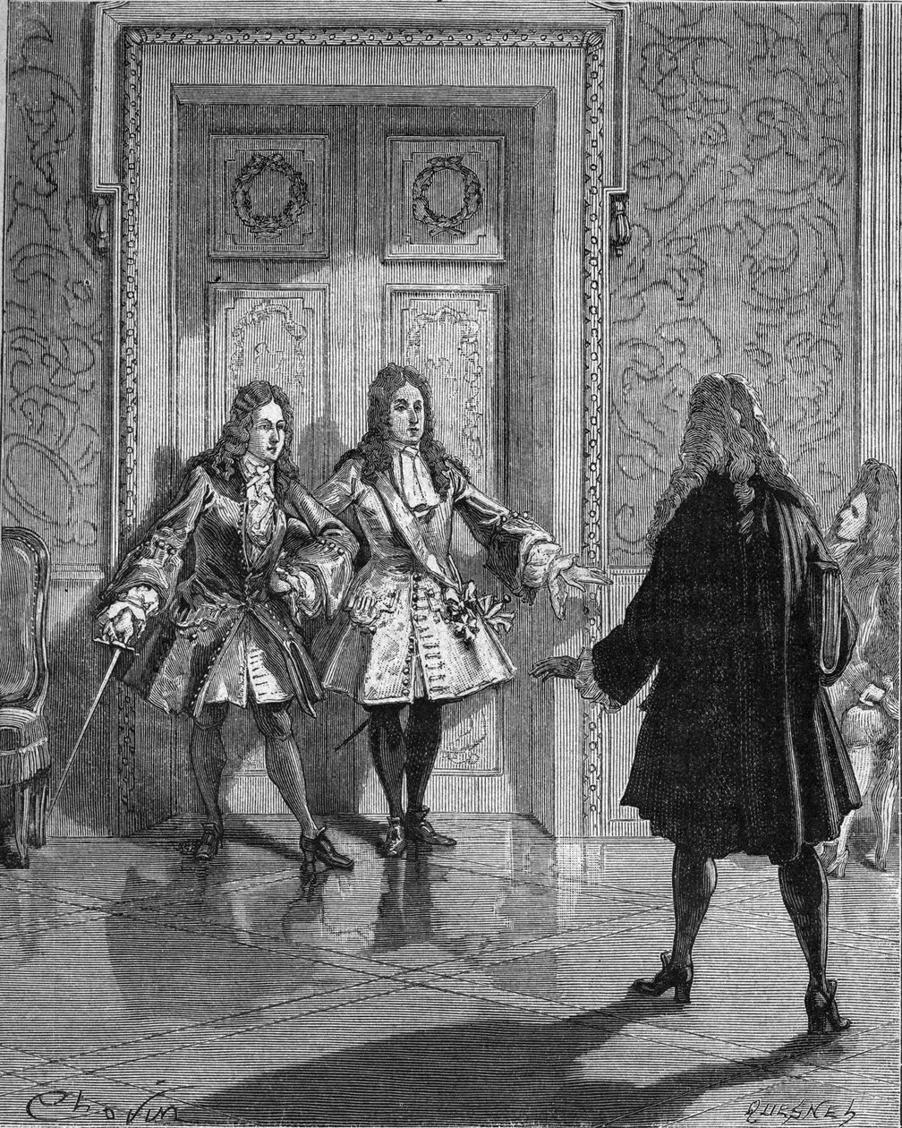 Agosto 1718: Saint Simon (Saint-Simon) (Louis de Rouvroy, Duque de) (1675-1755) bloqueando a passagem para o Duque do Maine (Louis Auguste (Louis-Auguste) de Bourbon) (1670-1736). Gravura do século XIX. No "Histoire de France" de Jules Michelet de Unknown artist