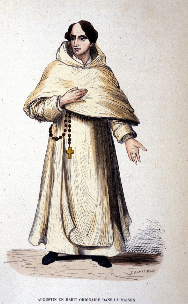 Agostinho em vestido ordinário, religioso segundo as regras de santo Agostinho. Gravura do século XIX. de Unknown artist
