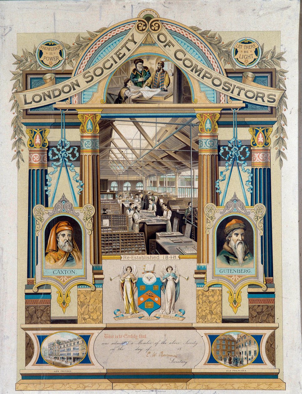 Certificado de autógrafo de clavist (operador de impressão) emitido pela Society of Clavists of London. É decorado com retratos de Johannes Gutenberg e Willima Caxton. Coleção Particular do Século XIX de Unknown artist