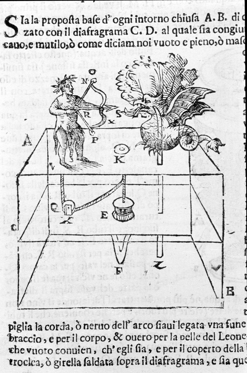 Automaton desenhado por Heron of Alexandria (o Ancião) (século I). Ele atira a seta para o dragão. De Heron Spiritalia de Unknown artist