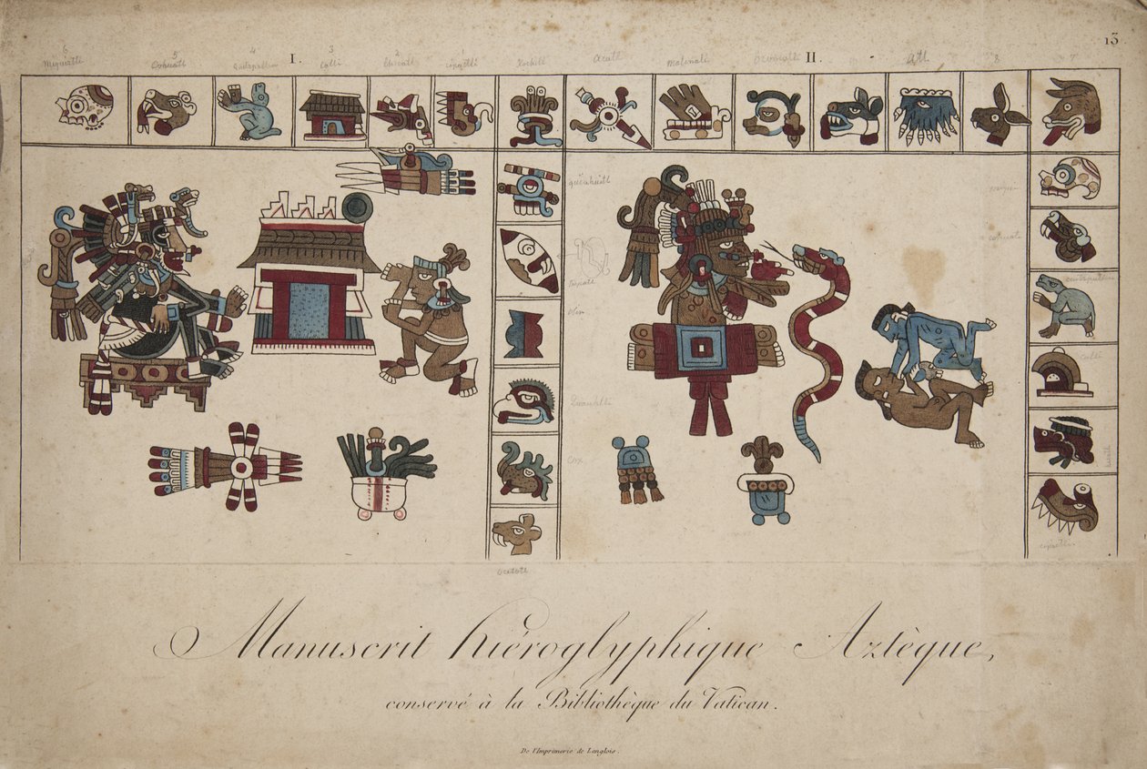 Manuscrito hieroglífico azteca na biblioteca do Vaticano (litografia) de Unknown artist