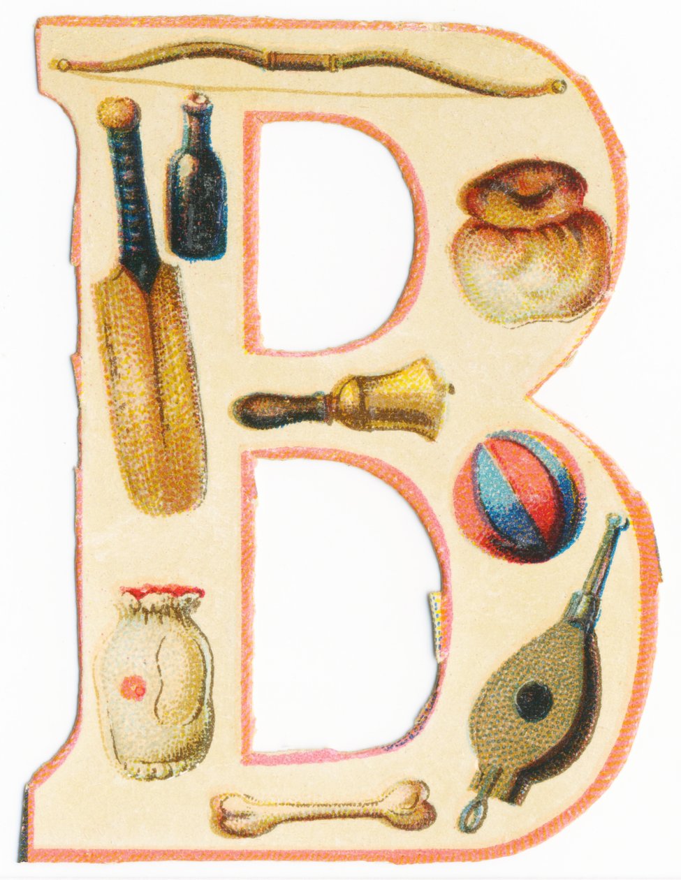 B: arco, bastão de beisebol, garrafa, brioche, sino, balão, osso, bolsa, fole (litografia colorida) de Unknown artist