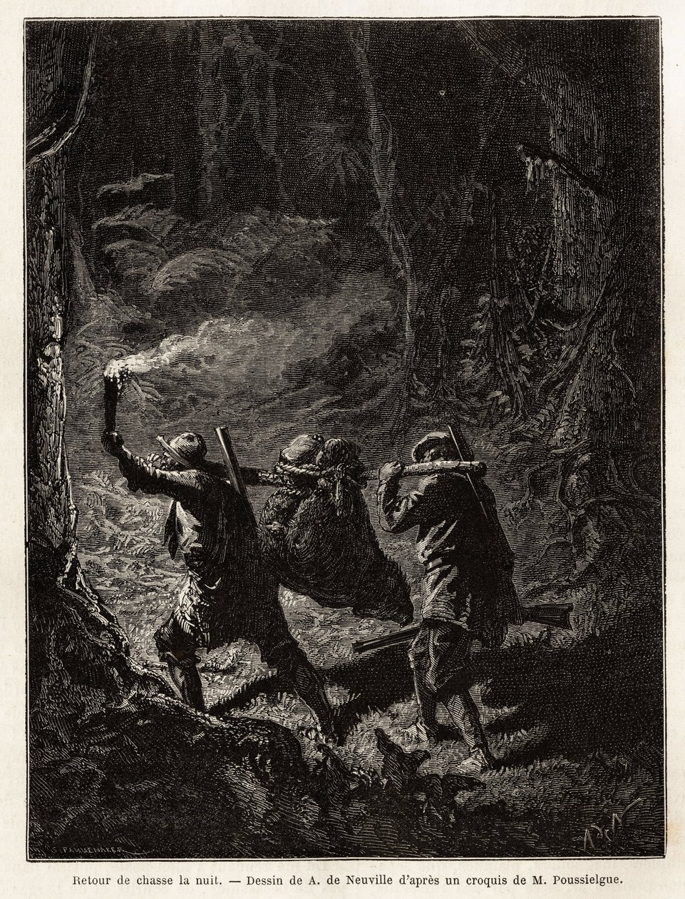 De volta da caça à noite, a presa, um urso, é amarrada e suspensa de um ramo que os caçadores carregam no ombro. Gravura para ilustrar a história Quatre mois en Florida, de M. Pousselgue, em 1851-1852, publicada em "le tour du monde", sob de Unknown artist