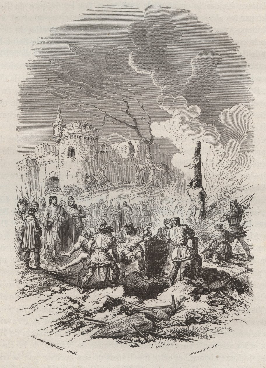 Baldwin V, Conde de Flanders (1012-1067) restabelecendo a polícia em seus estados - Gravura 1868 em "História da Bélgica desde os tempos primitivos até o fim do regimento de Leopoldo I" por Theodore Juste (1818-1888) - Coleção privada de Unknown artist
