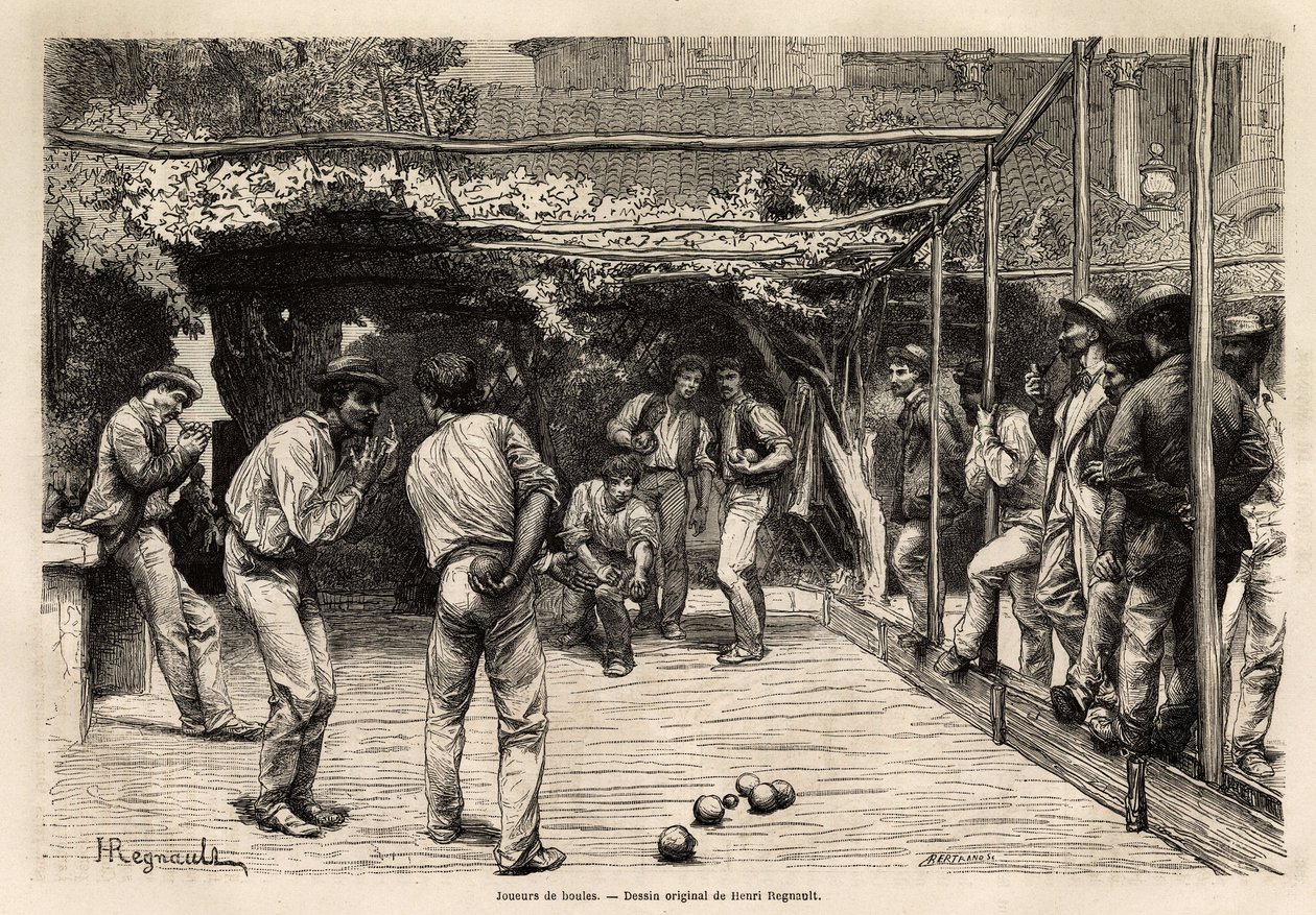 Jogadores de bola em Roma (Itália). Gravura para ilustrar a viagem a Roma, de Francis Wey, em 1864-1868, publicada na "Le tour du monde, nouveau journal des voyages", sob a direcção de Edouard Charton. de Unknown artist