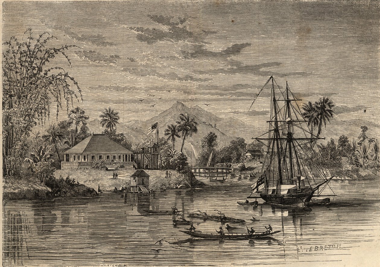Bangalow, casa de Sir James Brooke, conhecido como o Rajá de Sarawak (1803-1868), primeiro rajá branco de Sarawak, nos arredores de Sarawak (Bornéu). Gravura em "Le Monde illustrious" de 1857. Coleção privada. de Unknown artist