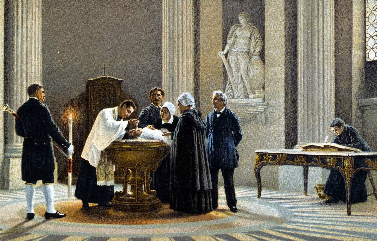 Batismo de um bebê em uma igreja. Cromolitografia do século XIX. de Unknown artist