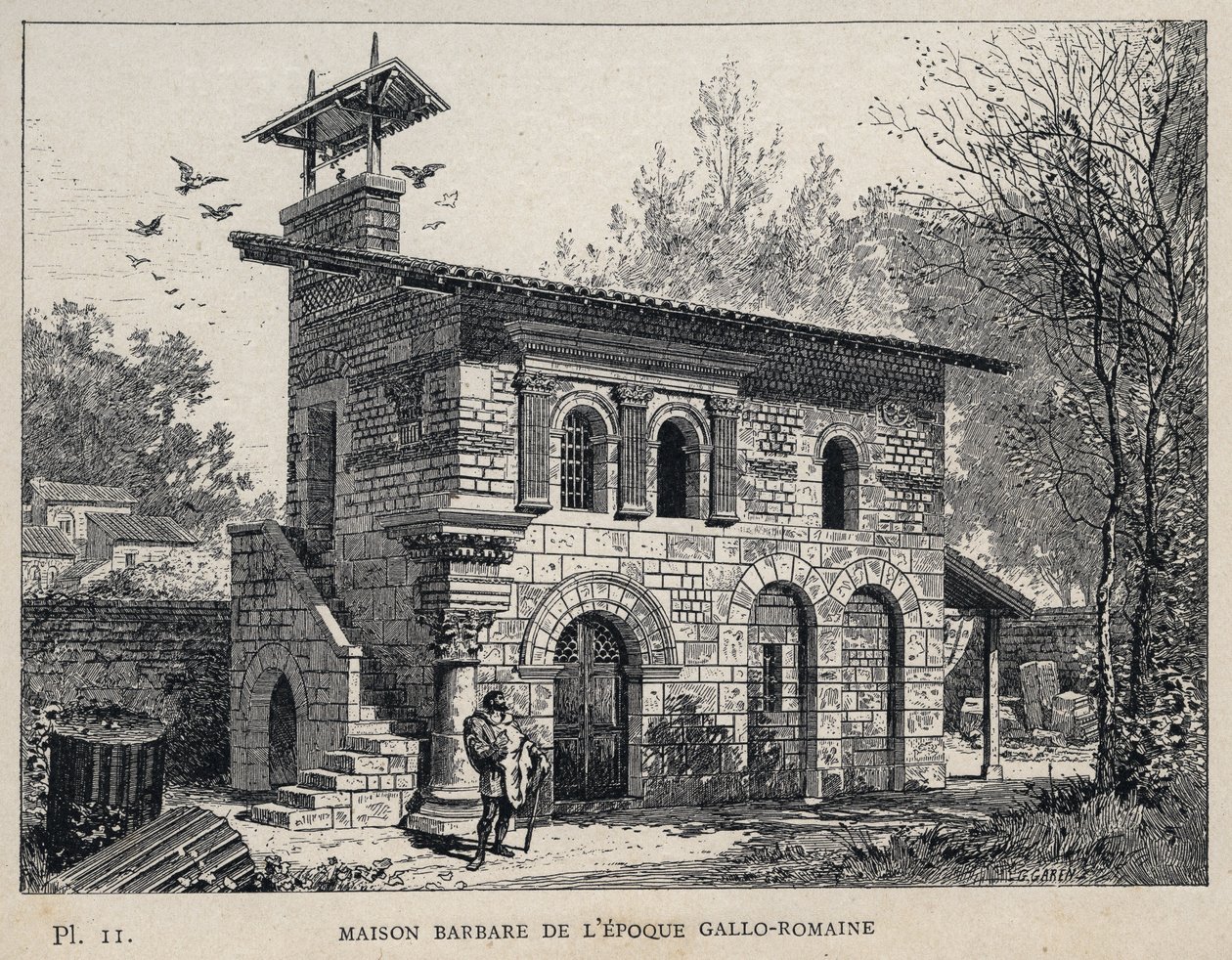 Casa Bárbara do período Gallo Romaine (Gallo-roman) - (Casa Bárbara época Gallo Romana) gravura de 1889 em "Histoire de habitation humaine à l