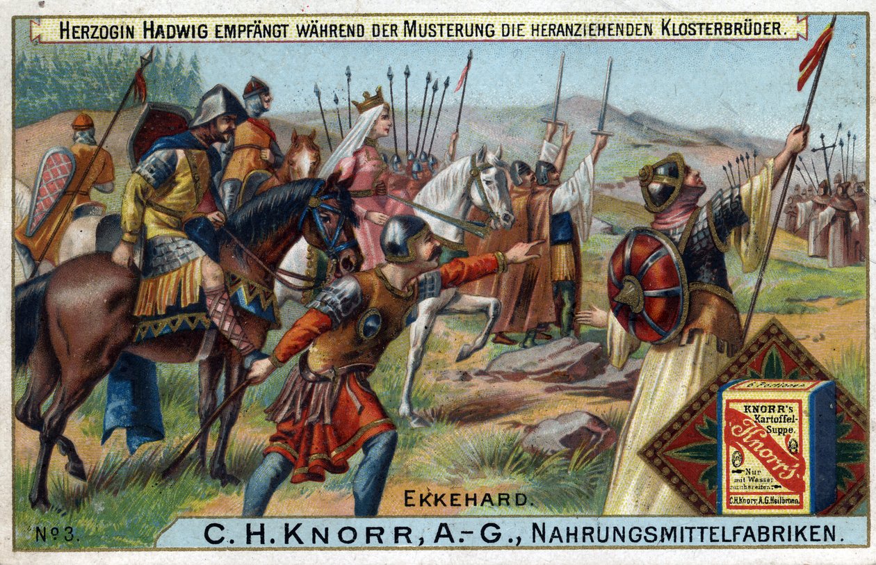 Invasões Bárbaras - Durante a revisão das tropas, a Duquesa Hadwig recebe os monges que se aproximam em segundo plano. de Unknown artist