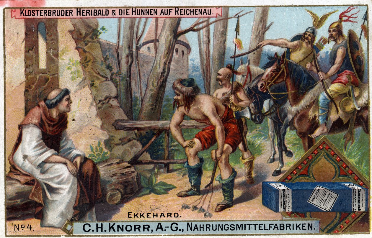 Invasões bárbaras - Ekkehard IV de St. Gallen (St. Gall) ou Eckhard, Eckhart (980 -1057) erudito, e poeta latino. O irmão Heribald e os hunos tem o Reichenau. Na ilha de Reichenau, apenas o irmão Heribald, um pequeno monge simples, permaneceu durante de Unknown artist