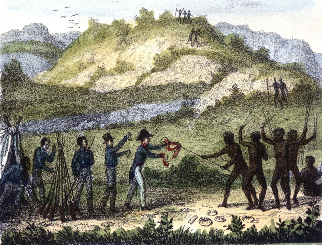 Cena de troca entre os nativos e os ocidentais depois do "Razze e popoli della Terra", no início do século XIX. de Unknown artist