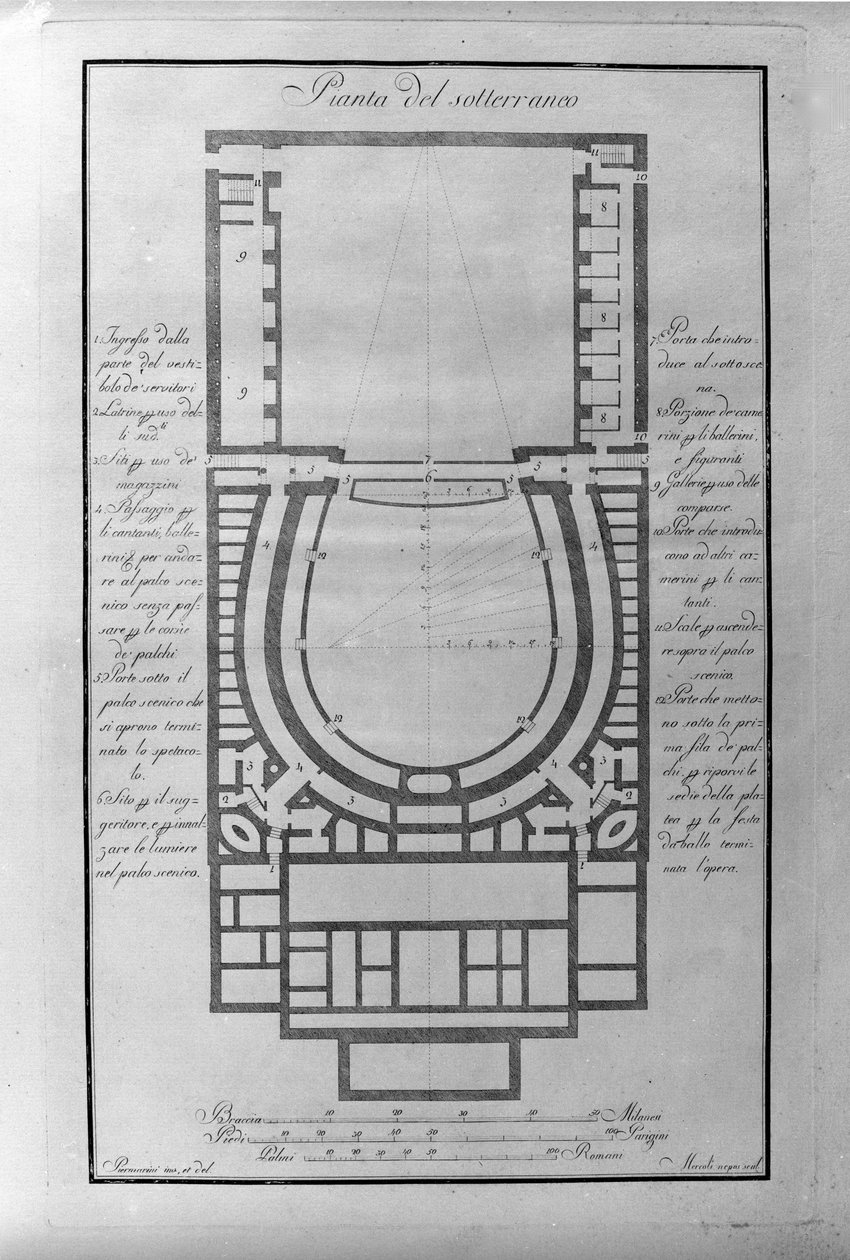 Plano do subsolo do Teatro de la Scala em Milão ca. 1776-1778 Itália (Teatro alla scala) (Mapa arquitectónico do subsolo do Teatro de la Scala, Milão) Gravura de Unknown artist