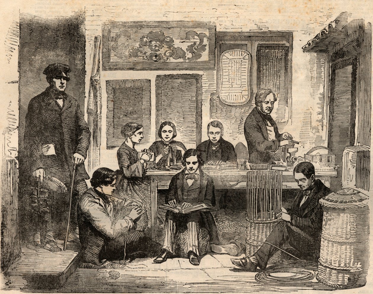 Workshop de Cestaria e Leitura para Cegos localizado na Euston Road em Londres e organizado pela Association for Promoting the General Welfare of the Blind, uma associação para ajudar os cegos a encontrar trabalho. Gravação no "The London News ilustrado" d de Unknown artist