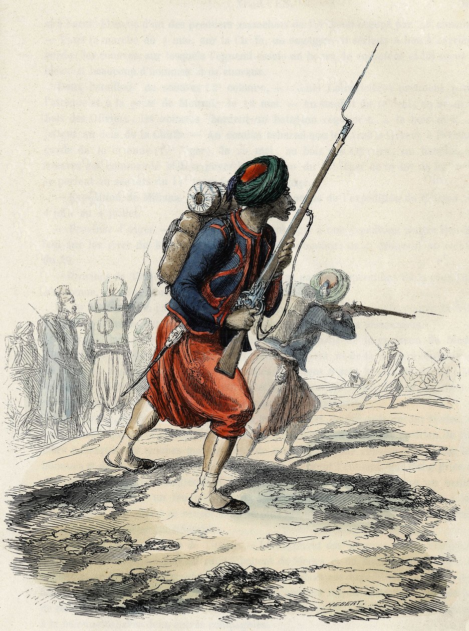 Batalhão de Zouaves do Armee francês, composto por nativos, formado pelo General Clausel em 1830 para a expedição do Atlas à Argélia, In "L