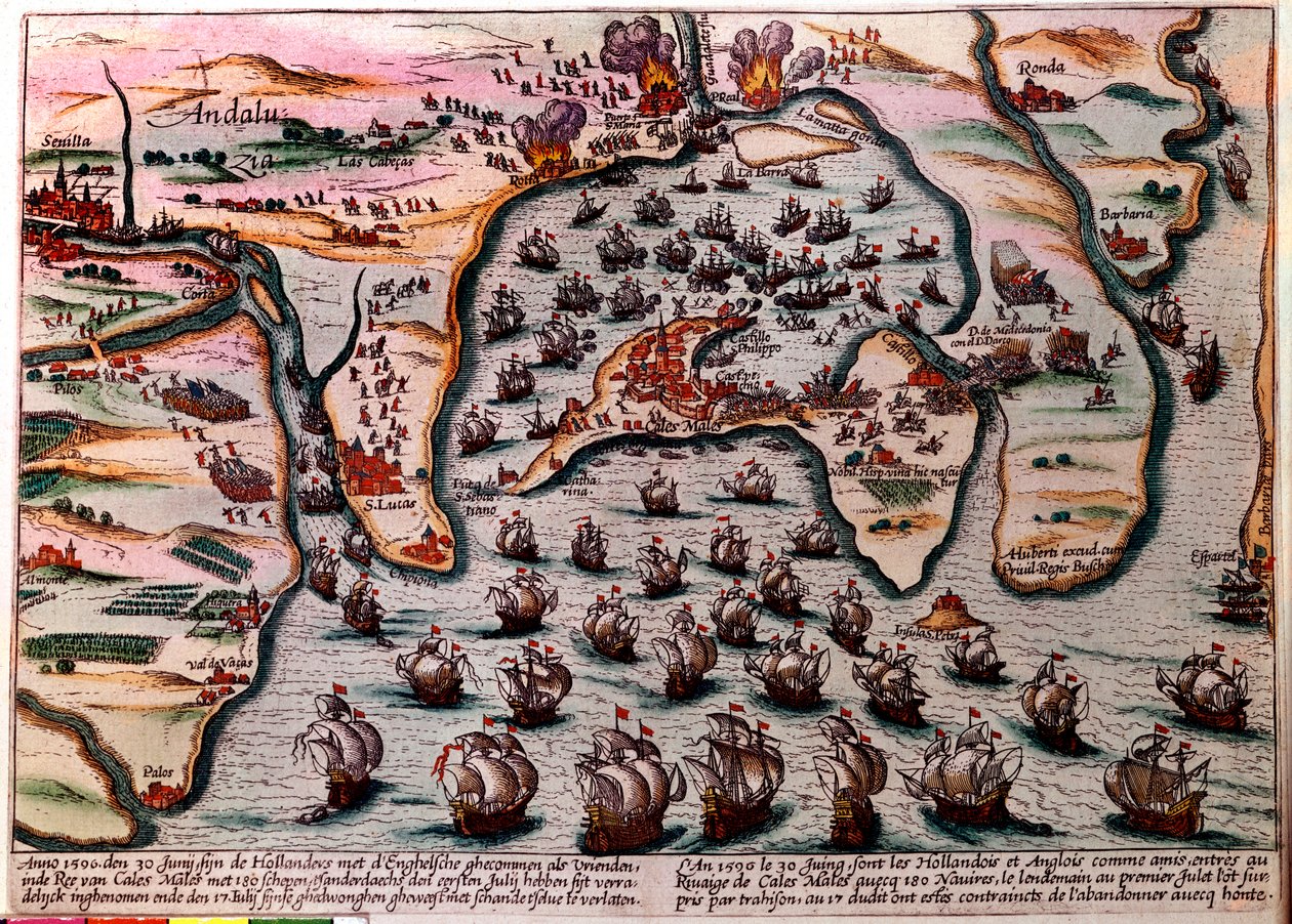 Plano de Batalha de Cales Males (Espanha) em 30 de Junho de 1596. A frota do exército holandês e inglês entra como amigos em Cales Males com 180 navios. No dia seguinte, 1 de Julho, surpreendidos pela traição, tiveram de abandonar a cidade com vergonha. Gr de Unknown artist