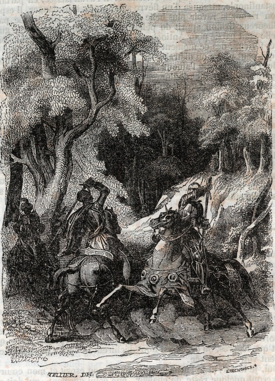 Batalha entre Roland e Ferragus - Gravura de 1851 de "Furious Roland" (Orlando furioso) (século XVI) de Ludovico Ariosto, conhecido como Ariosta - Edição traduzida do italiano pelo Conde de Tressan e publicada por Gustave Harvard 1851 de Unknown artist