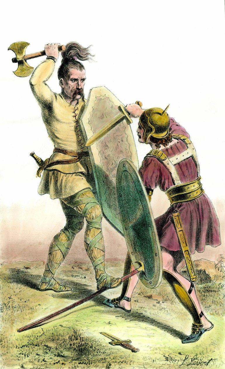 Batalha entre um soldado Franc e um soldado Romano. Colecção privada de gravuras do século XIX de Unknown artist