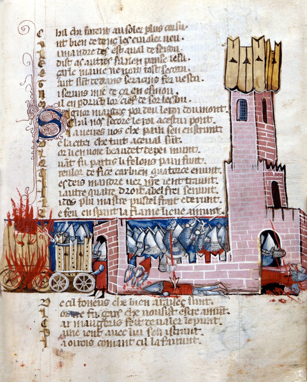 Lutar num castelo. Os tanques estão a arder. Manuscrito do século XIII. Marciana Veneza. de Unknown artist