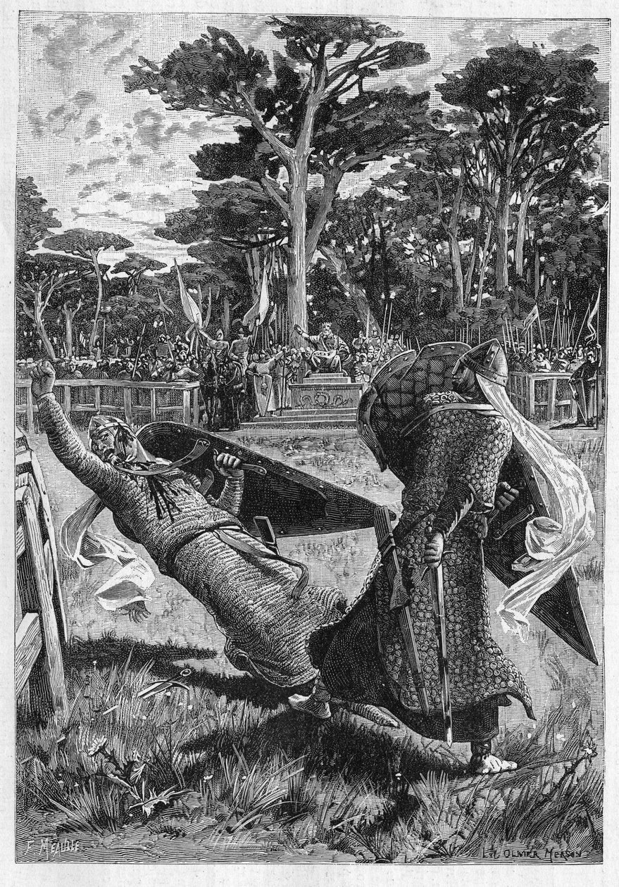 Batalha dos cavaleiros Pinabel e Thierry na Idade Média (Idade Média), em França. Ilustração do romance "La chevalerie" de Leon Gautier (1832-1897). Gravura em "Le Monde Illustré" (O Mundo Ilustrado) de Unknown artist