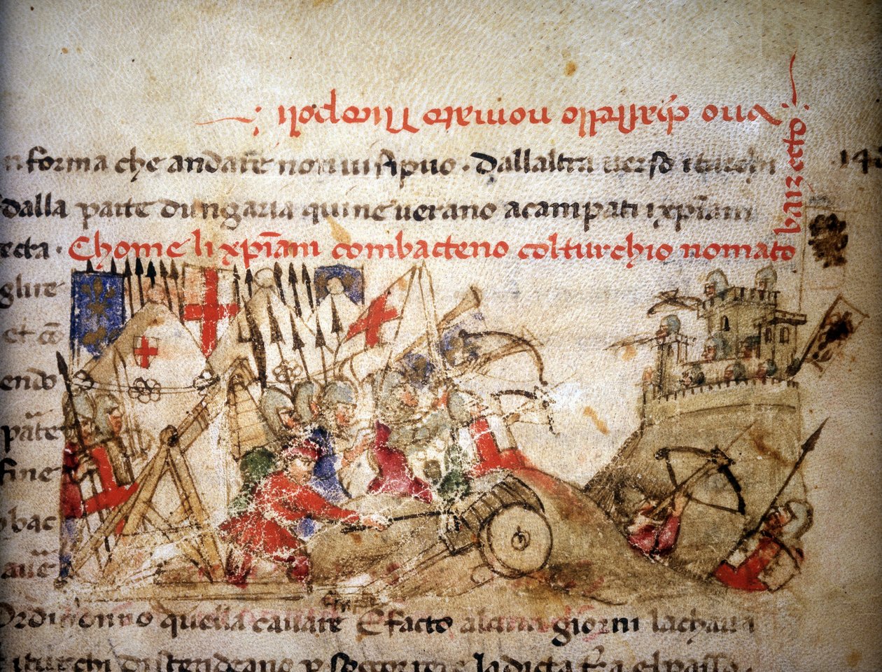 Batalha de Nicópolis: derrota dos cristãos pelo Bayazid I (Turquia), em 28/09/1396 - em "Croniche del Sercambi", por volta de 1400. Arquivo Nacional, Lucca. de Unknown artist