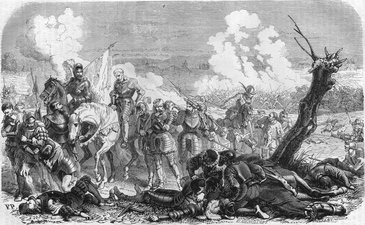 Batalha de São Quintino, em 1557, um episódio da longa guerra que se opõe ao Reino de França e Espanha. Gavure do século XIX. de Unknown artist