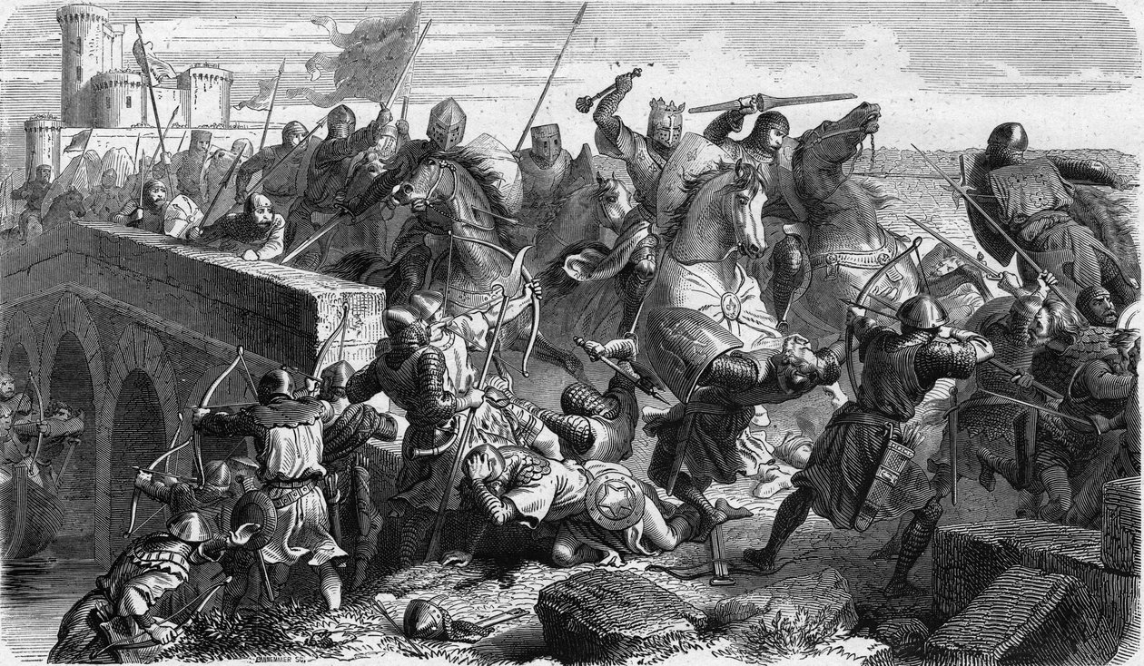 Batalha de Taillebourg opondo em 1242 as tropas capetianas do Rei de França Luís IX (Saint Louis, Saint Louis) e seu irmão, o Conde de Poitiers Alfonso, contra as de suas revoltas vassalas, Henrique III de Inglaterra e Hugues X de Lusignan de Unknown artist