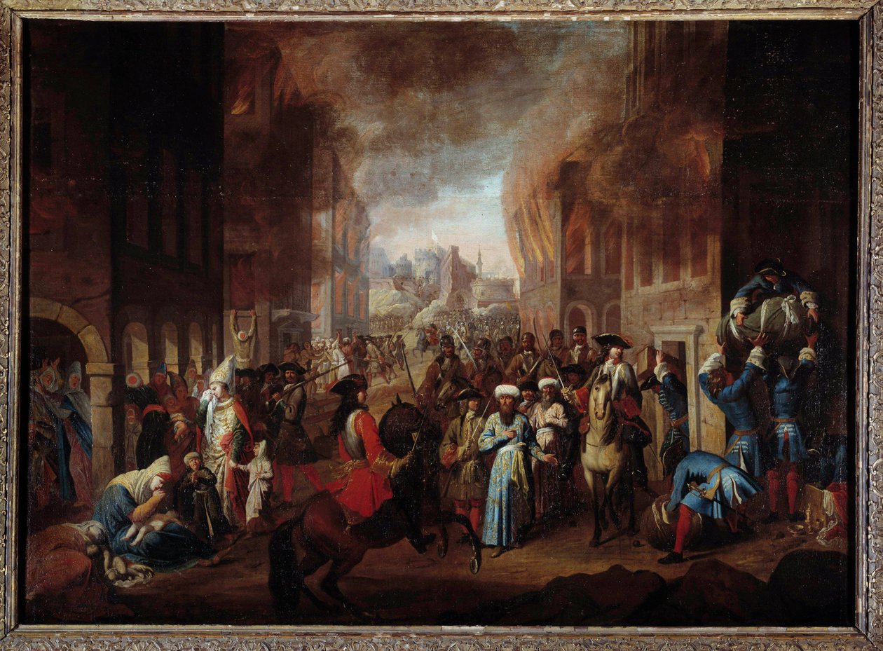Batalha de Viena: "A rendição dos turcos no cerco de Viena em setembro de 1683" Vitória das tropas da coalizão cristã liderada por João III Sobieski, Leopolid I e Carlos de Lorena. Pintura anónima da Nancy do século XVII, Musee histo de Unknown artist