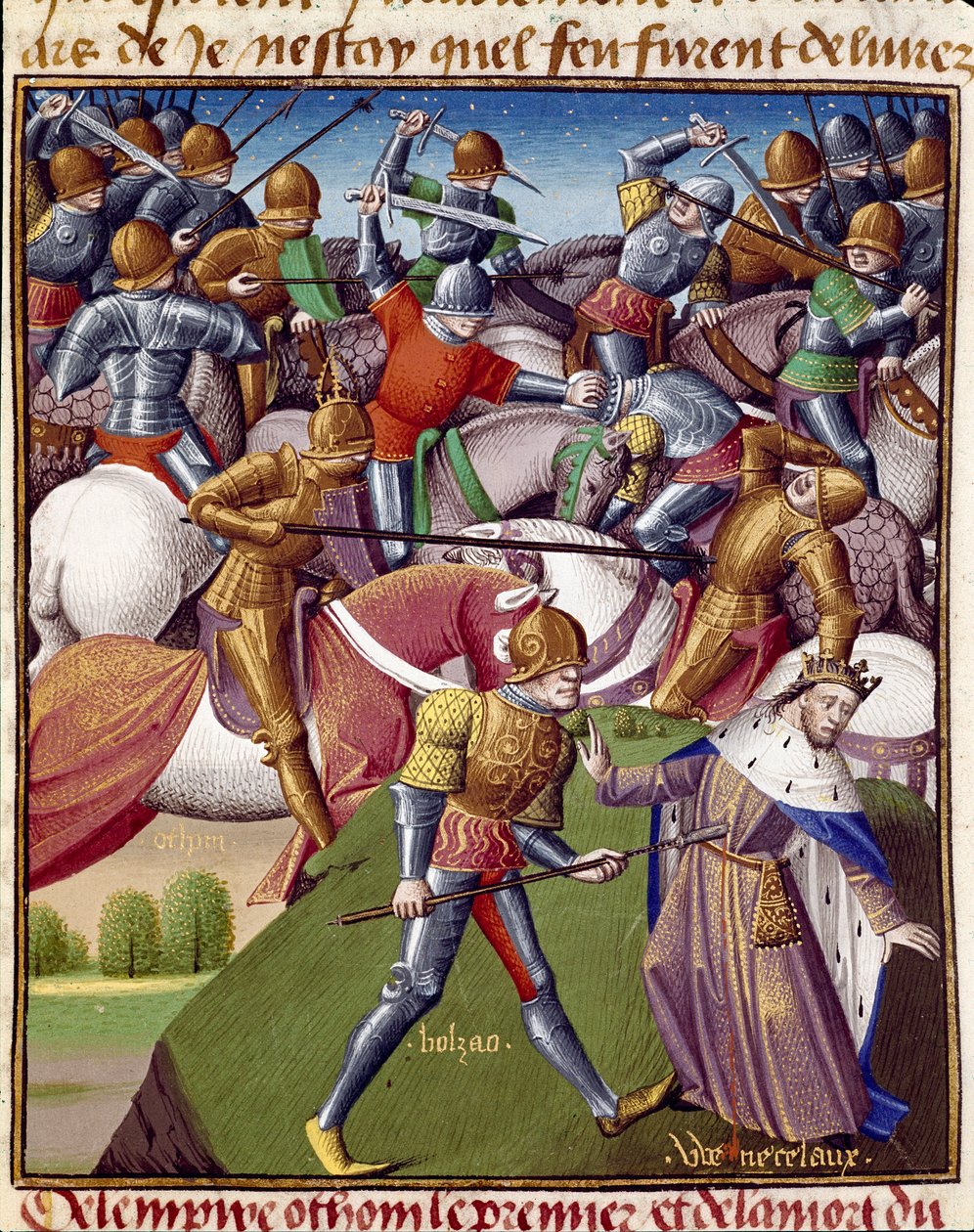 Batalha dos soldados do Imperador Othon I (Otton ou Oton I, 912-973). Miniatura em "Le miroir historial" (Speculum Historiale) de Vincent de Beauvais (1190-1264) traduzido para o francês por Jean de Vignay de Unknown artist