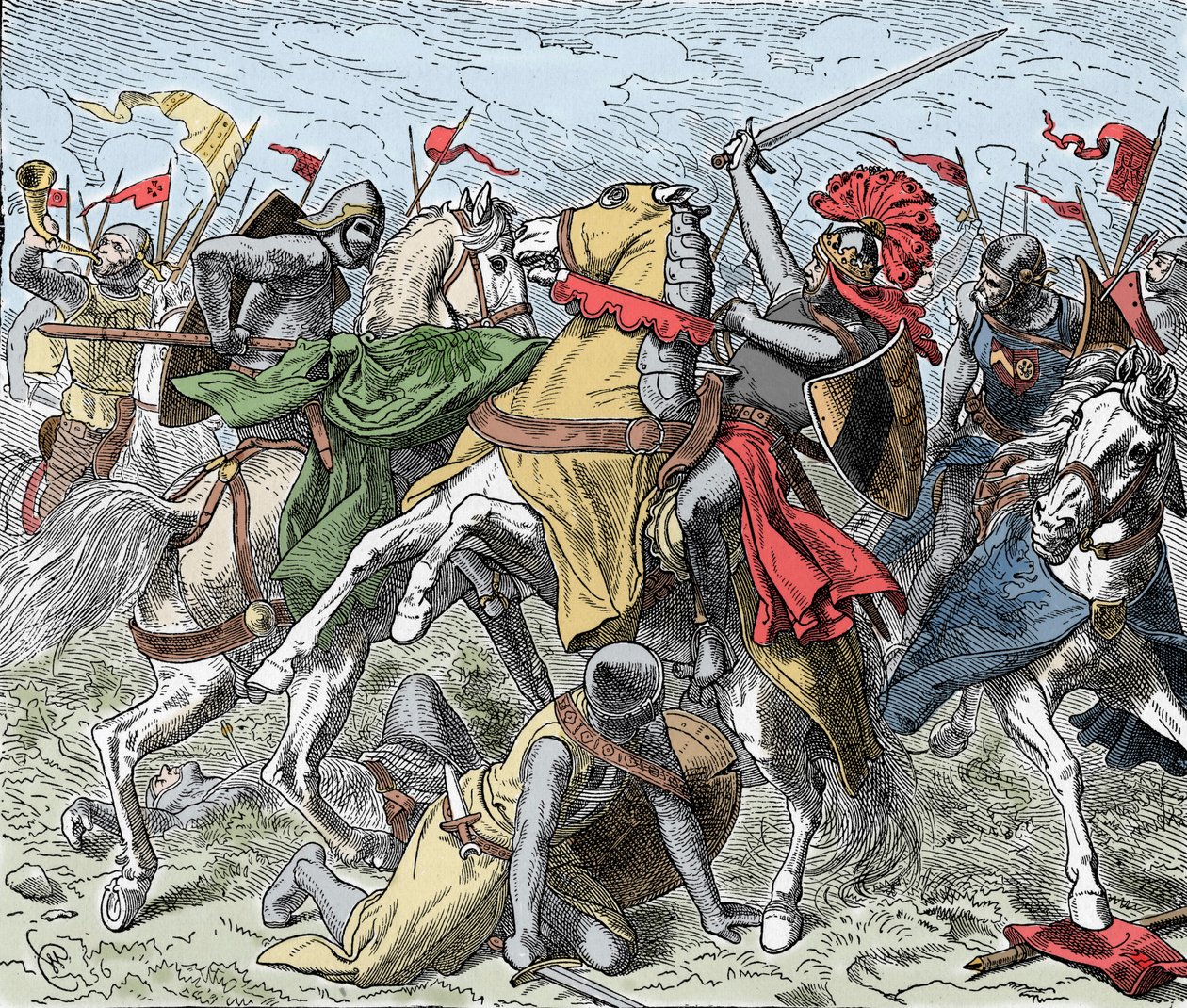 Batalha no Elster: Rudolf da Suábia Mortally Wounded - Revolta dos Saxões (1073-1075): Rodolfo de Rheinfelden (ca. 1025-1080), Duque da Suábia e anti-romanos é ferido fatalmente numa batalha perto do Elster, contra as tropas de Henrique IV de de Unknown artist