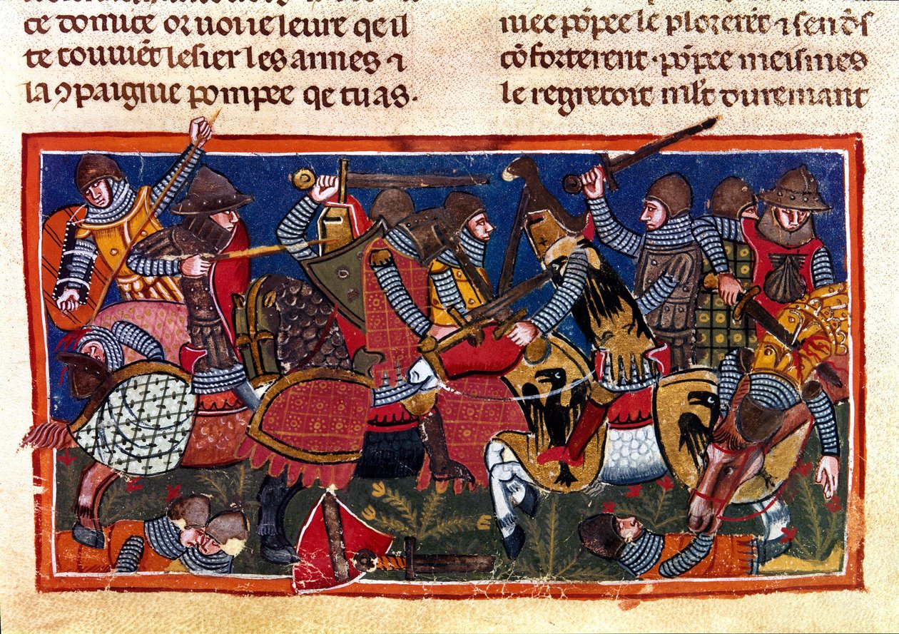 Cena de batalha Miniatura de um códice francês em pergaminho "Facts of the Romans" contando a história antiga até Jules Cesar (101 AC-44 AC). Século XIII Veneza, biblioteca Marciana de Unknown artist