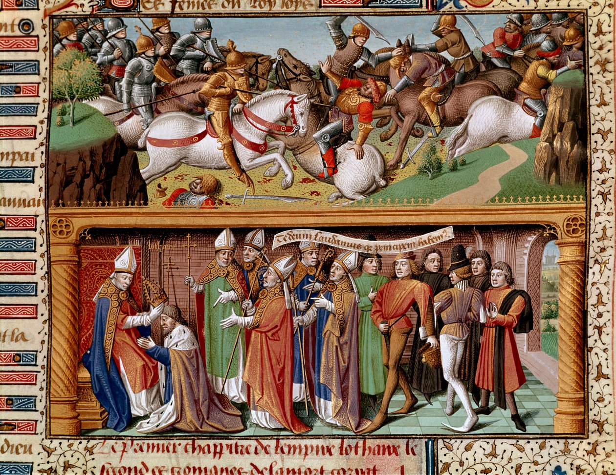 Cena de batalha e coroação do Imperador Lothary II de Supplinburg (ou Lothary III do Santo Império, Imperador do Santo Império Romano) (1075-1137) Miniatura em "Le miroir historiale" (Speculum Historiale) (ms. 1196 fol. 245 r.) de Vincent de Beauvais (11 de Unknown artist