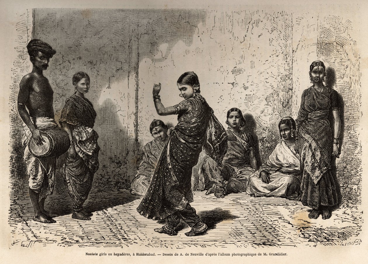 Bayaderes (ou devadasi), originalmente servas das divindades, estas jovens dedicadas a um templo receberam uma certa educação, especialmente o domínio da dança e gozaram de certos privilégios, mas o seu estatuto evoluiu como garçonetes do Brahman e com de Unknown artist