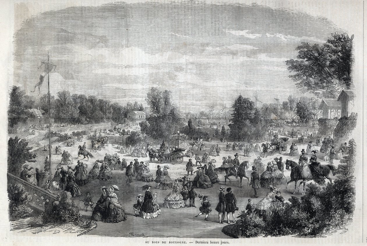 Belos dias no Bois de Boulogne, em Paris. Gravura no "The Illustrious Universe" (O Universo Ilustre) de Unknown artist