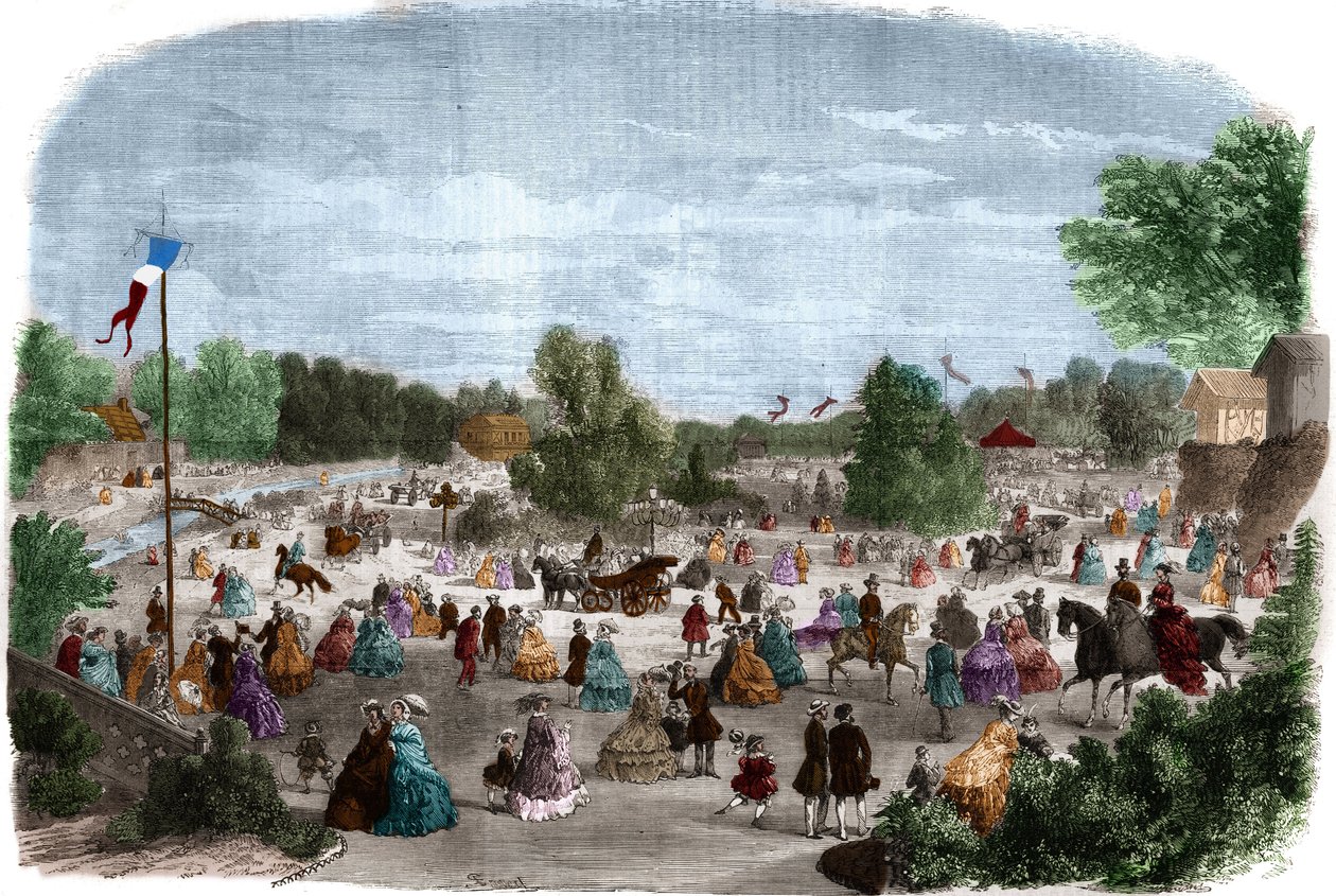 Belos dias no Bois de Boulogne, em Paris. Gravura no "The Illustrious Universe" (O Universo Ilustre) de Unknown artist