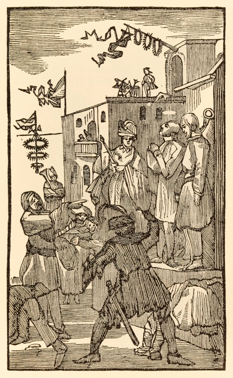 Eis Vanity Fair! Os peregrinos progridem deste mundo para o que está por vir John Bunyan (1628-1688) Christian entra na cidade de Vanity Fair e vê seus companheiros peregrinos acorrentados. de Unknown
