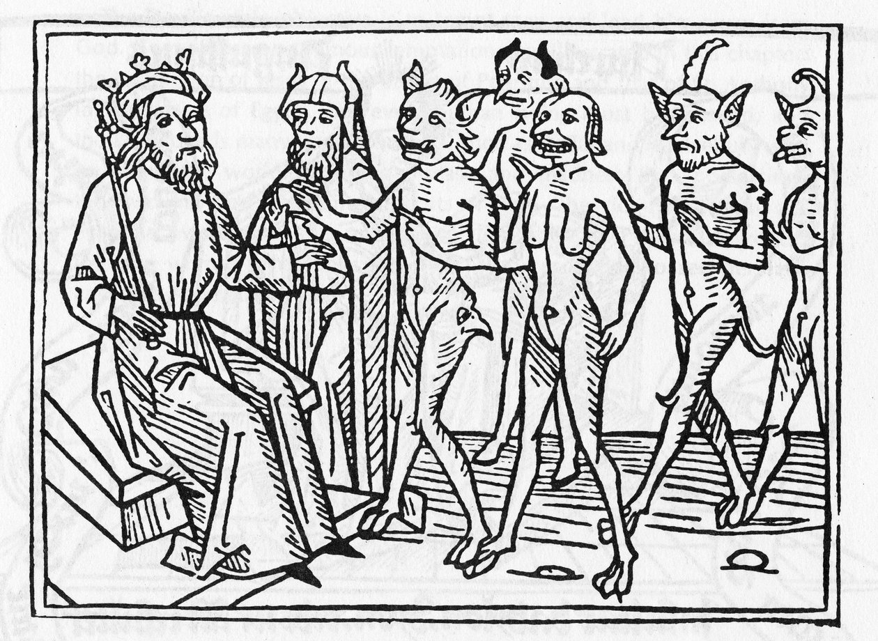 O julgamento do Belial: "O demônio Belial acompanhado por outros quatro demônios está presente ao Juiz Salomão" "Gravura do "Julgamento Belial" de Jacobus de Teramo (ou Palladino), Ausburgo de Unknown artist