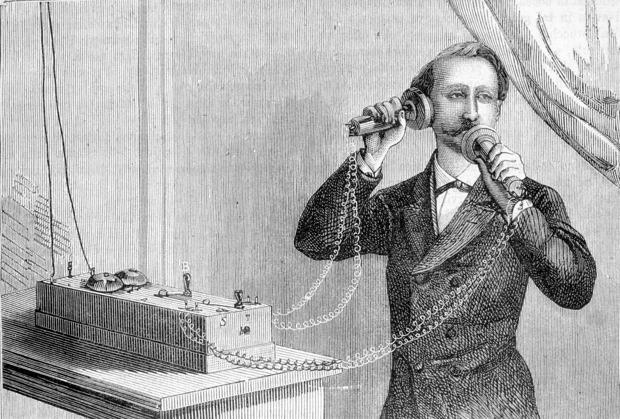 O telefone do Bell. Gravura do século XIX. de Unknown artist
