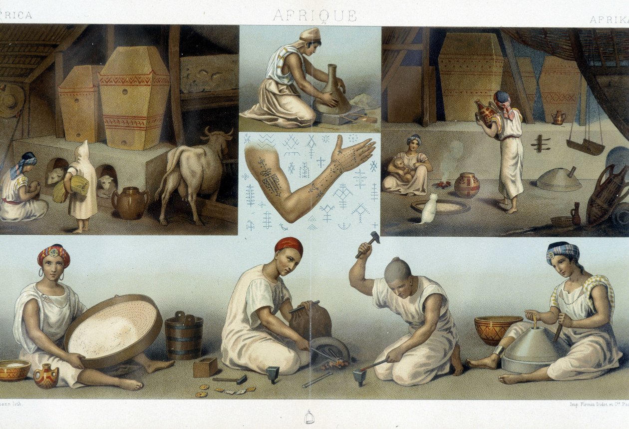 Berbers Kabyles: interior de uma casa Kabyle - indústria - tatuagens - em "Le costume historique" de Racinet de Unknown artist