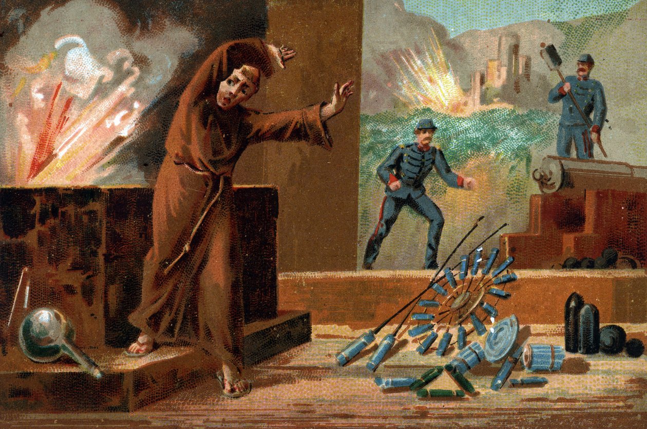 Berthold Schwartz (cerca de 1318-circa 1384), químico alemão, inventor da pólvora e monge franciscano. Cromolitografia do século XIX de Unknown artist