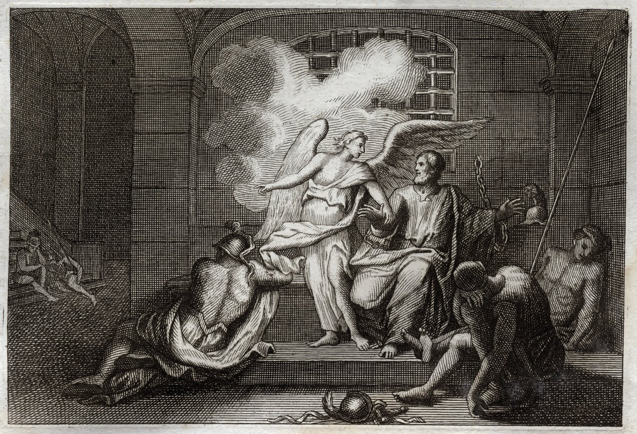 Bíblia de Royaumont, Novo Testamento: São Pedro Delivre de prisão. São Pedro é libertado da prisão durante a noite por um Anjo. Ilustração de 1811. de Unknown artist