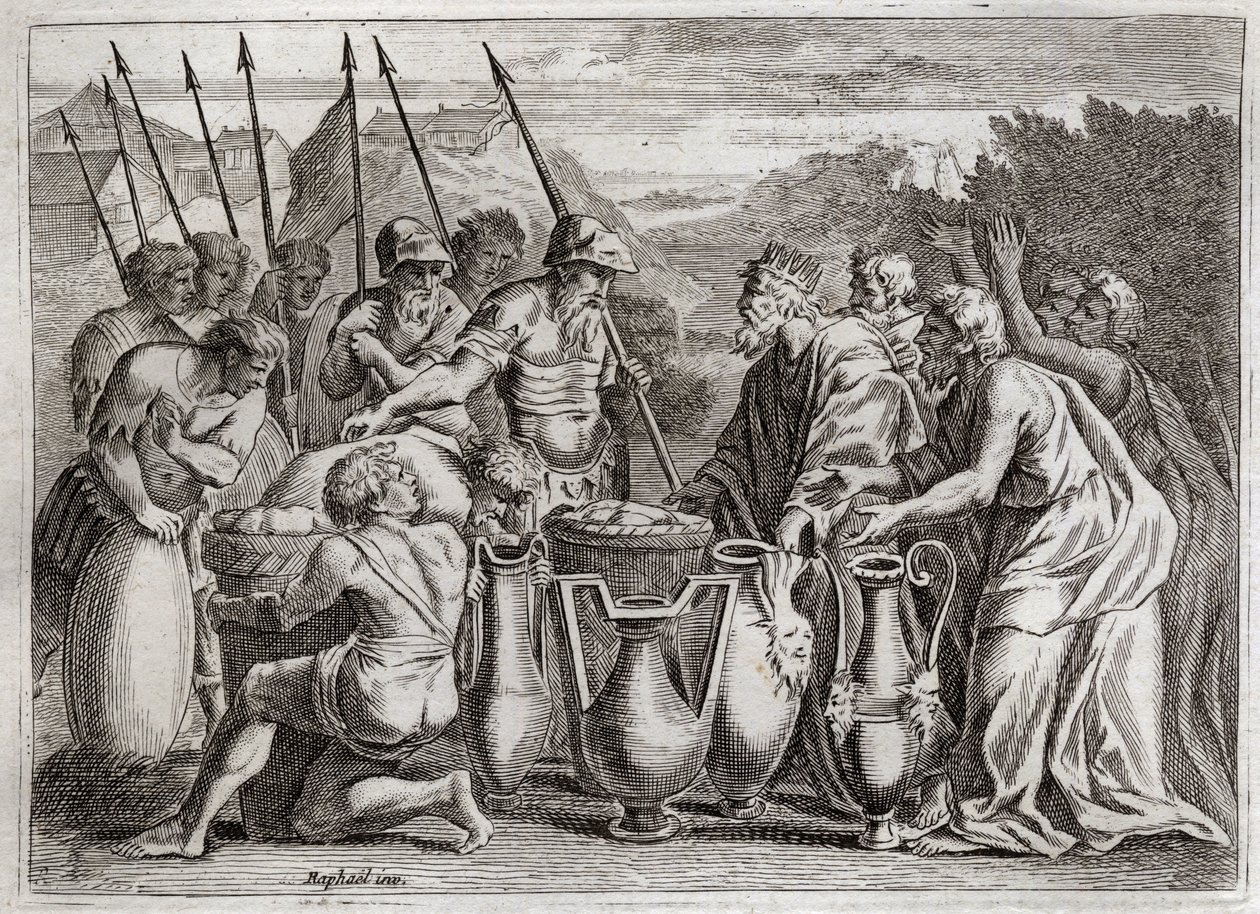 Bíblia de Royaumont, Velho Testamento: Abraham delivre Loth. Abraão salva Loth, seu sobrinho, das mãos dos inimigos. O sumo sacerdote Melquisedec (Melchisedec ou Melchizedec ou Melkisedeq ou Melki-Tsedeq ou Melki Tsedeq) benit. O rei de Sodoma ofereceu-lhe de Unknown artist