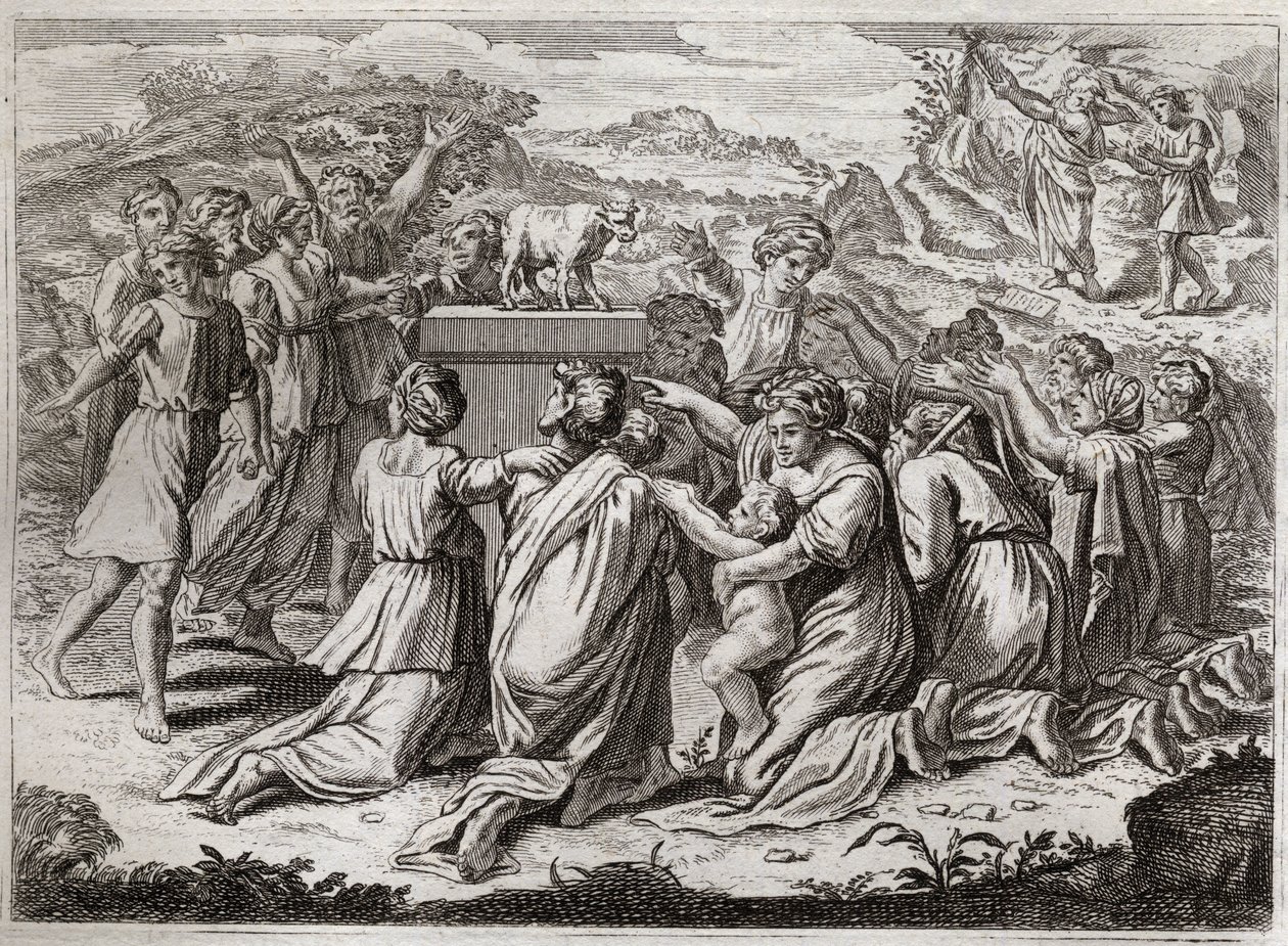 Bíblia de Royaumont, Velho Testamento: Adoração do Bezerro de Ouro. Moisés, vendo os hebreus e o bezerro de ouro, quebra as Távolas da Lei. Ilustração de 1811. de Unknown artist